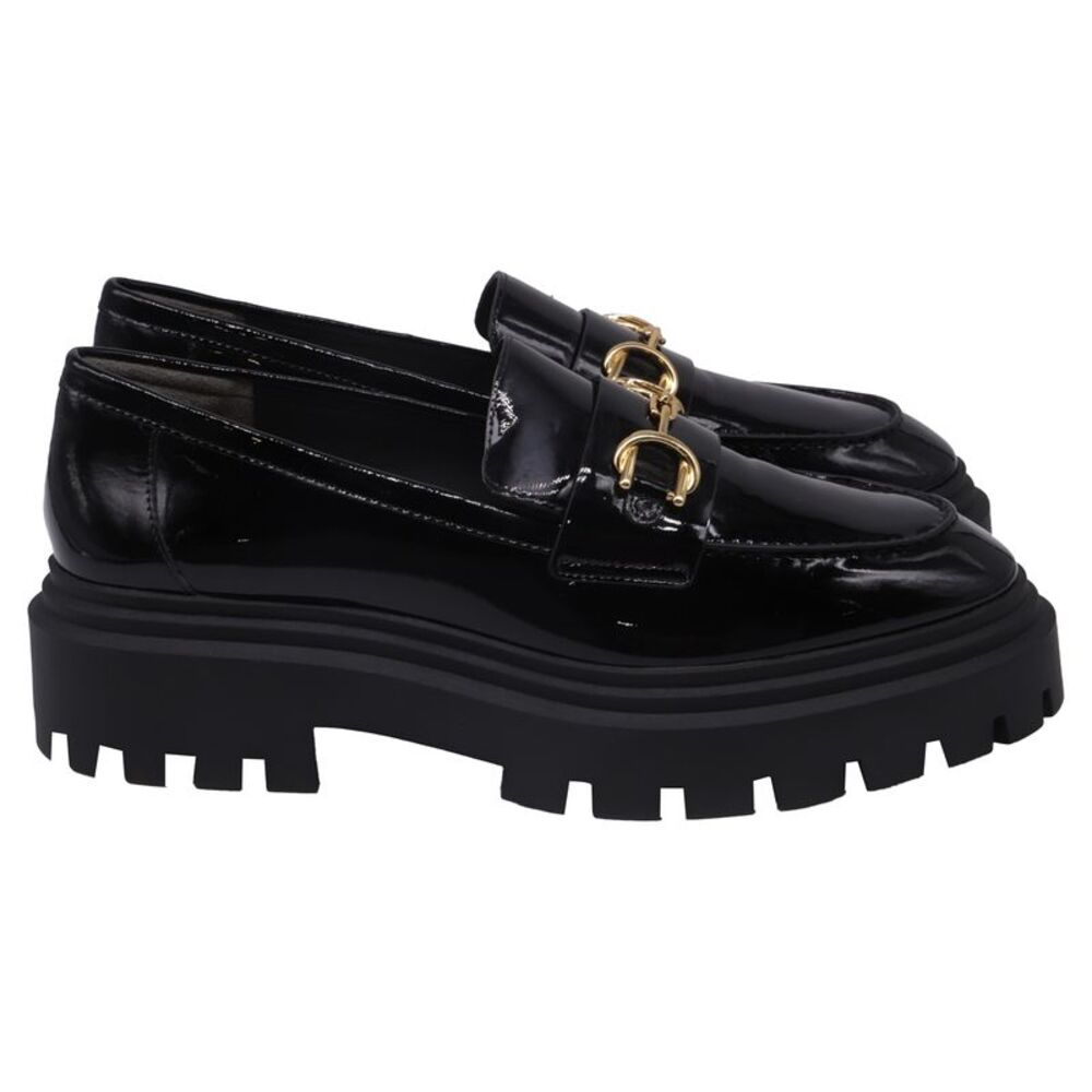 Stuart Weitzman Owen Buckled Lug Loafers in Black Patent Leather